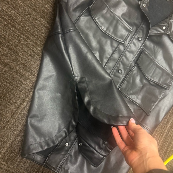 Zara Black Leather Jacket Oversized Shacket With Front Pockets Collared Buttons - Picture 9 of 14